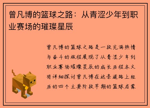 曾凡博的篮球之路:从青涩少年到职业赛场的璀璨星辰